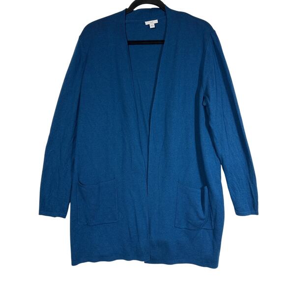 J. Jill Open Front Long Cardigan Sweater Pockets Teal Blue Cotton Silk Wool Sz L - Picture 1 of 9